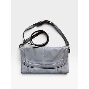 Perlina Real Leather Small Gray Crossbody Bag Clutch Adjustable Strap Silver